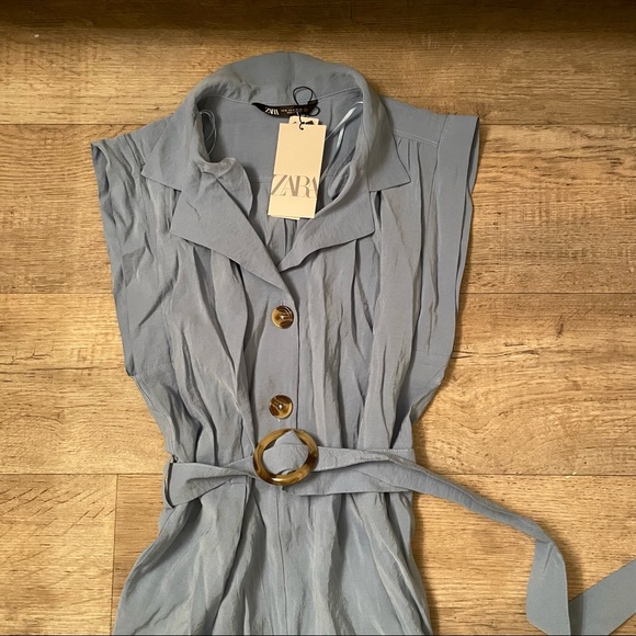 NWT Zara blue short sleeve buttoned up jumpsuit with a tie - Picture 11 of 15